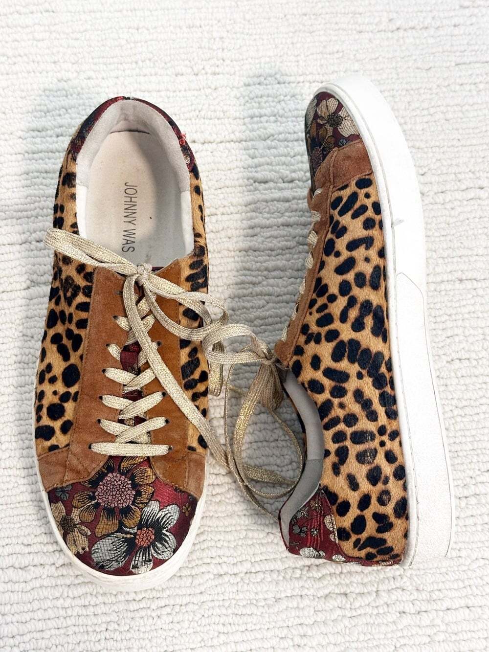 JOHNNY WAS Olivia Leopard Suede & Genuine Calf Hair Sneaker Size 10 Luxury Boho